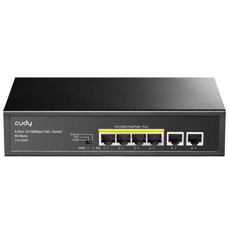 Cudy FS1006P 6-Port 10/100M PoE Switch 60W, 4 PoE Ports, CCTV Mode (Transmit Distance to 250m at 10Mbps), PD Detection,Fan-Less, Steel Case, Desktop and Wall-Mount, 802.3at / 802.3af - Image 1